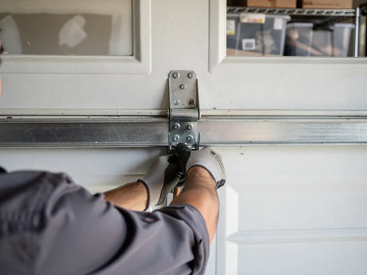 A technician in gloves works on a garage door hinge and roller.