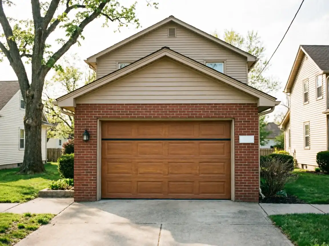 A brown paneled garage door is on a brick house with tan siding.