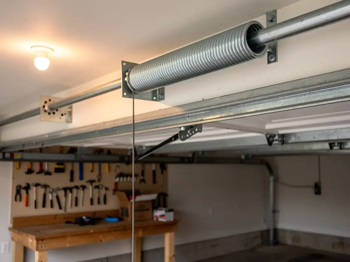 A garage door torsion spring is mounted above the open garage door.