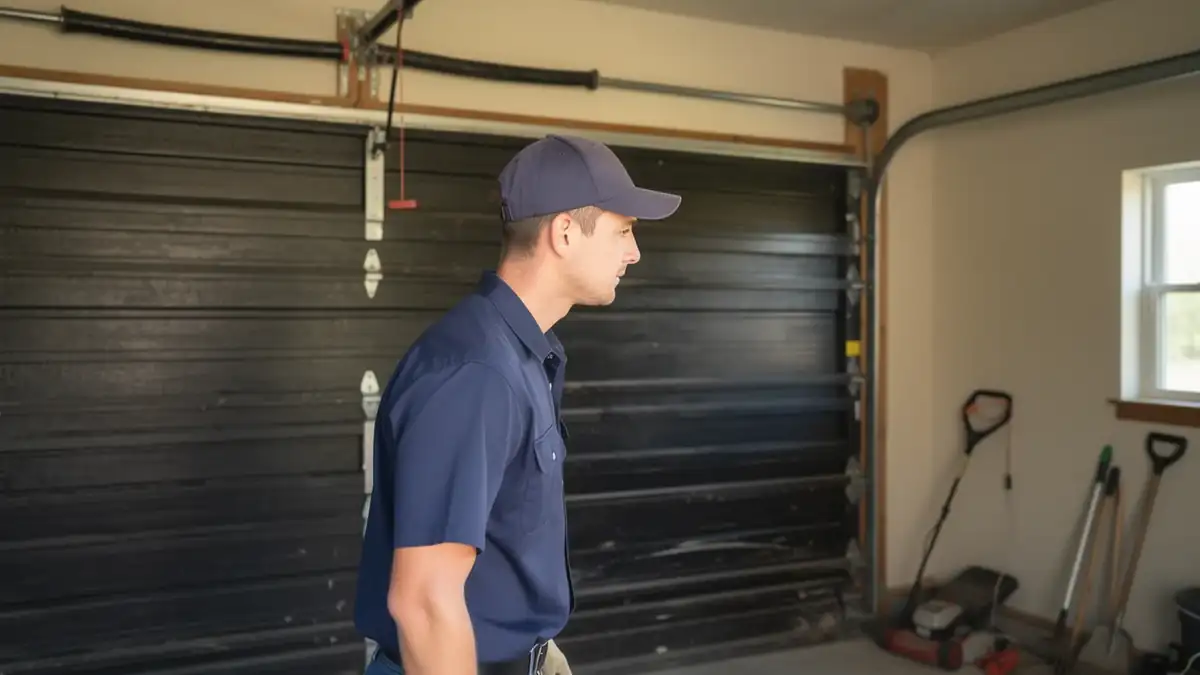 A technician in a blue shirt and cap stands in a garage with a black door.