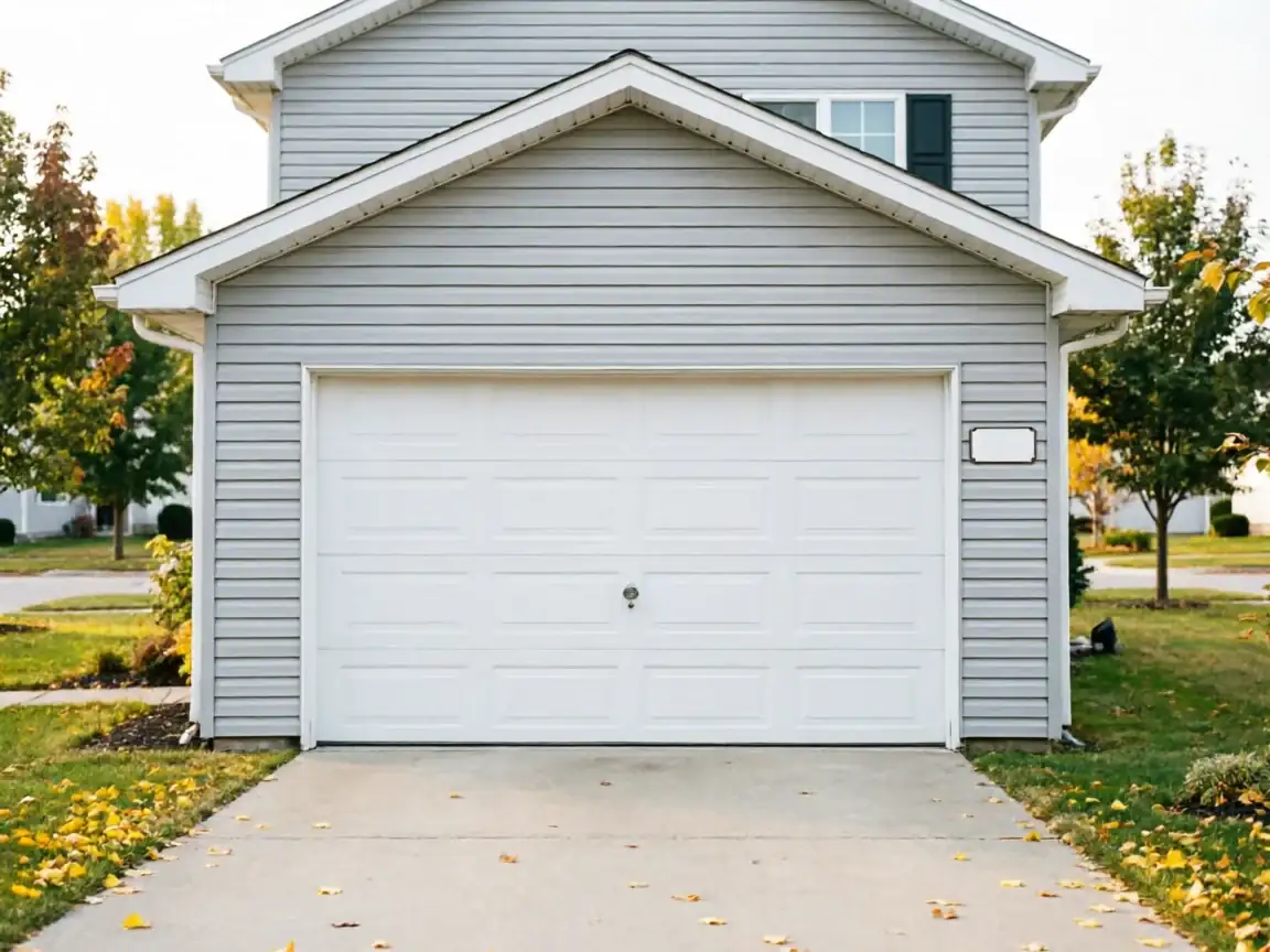 The house has light gray siding and a white paneled garage door.