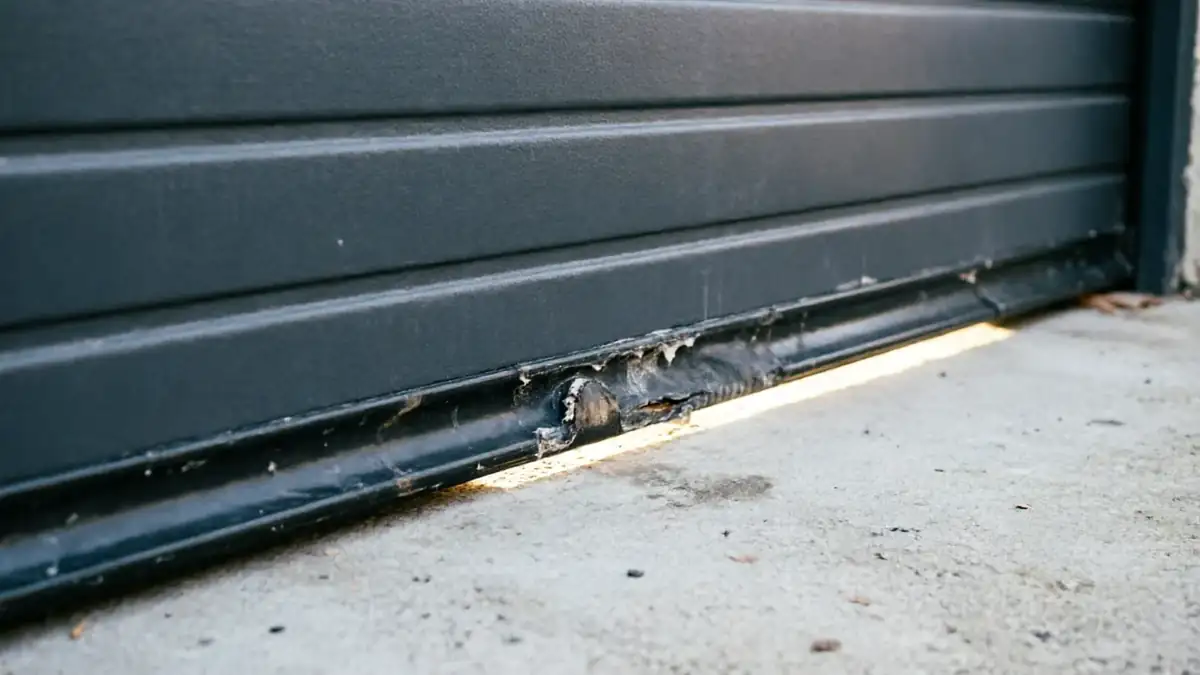 The bottom of a dark gray garage door has a damaged weather seal.