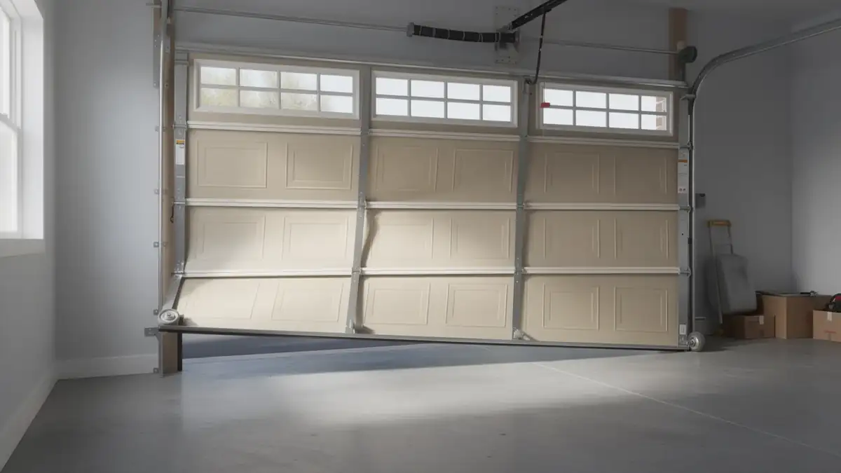 A beige garage door is off its tracks and partially open.